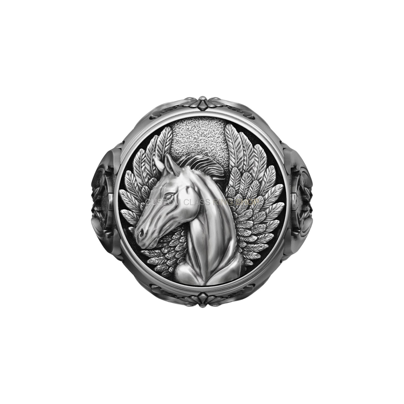 Sterling silver horse pegasus signet ring, top-down pegasus face and wings