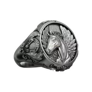 Sterling silver horse pegasus signet ring with ornate frame