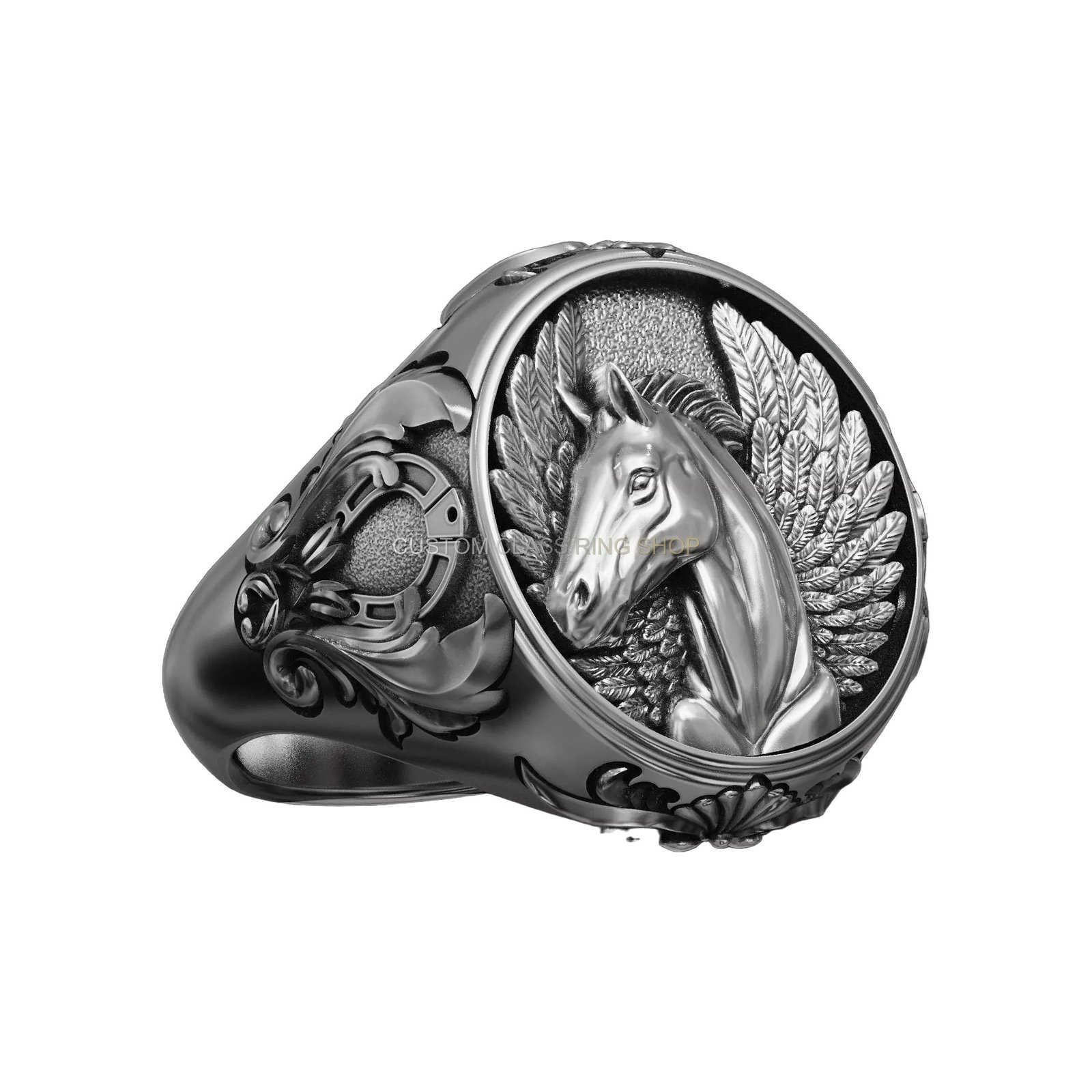 Sterling silver horse pegasus signet ring with ornate frame