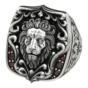 mens sterling silver lion head signet ring with baroque frame