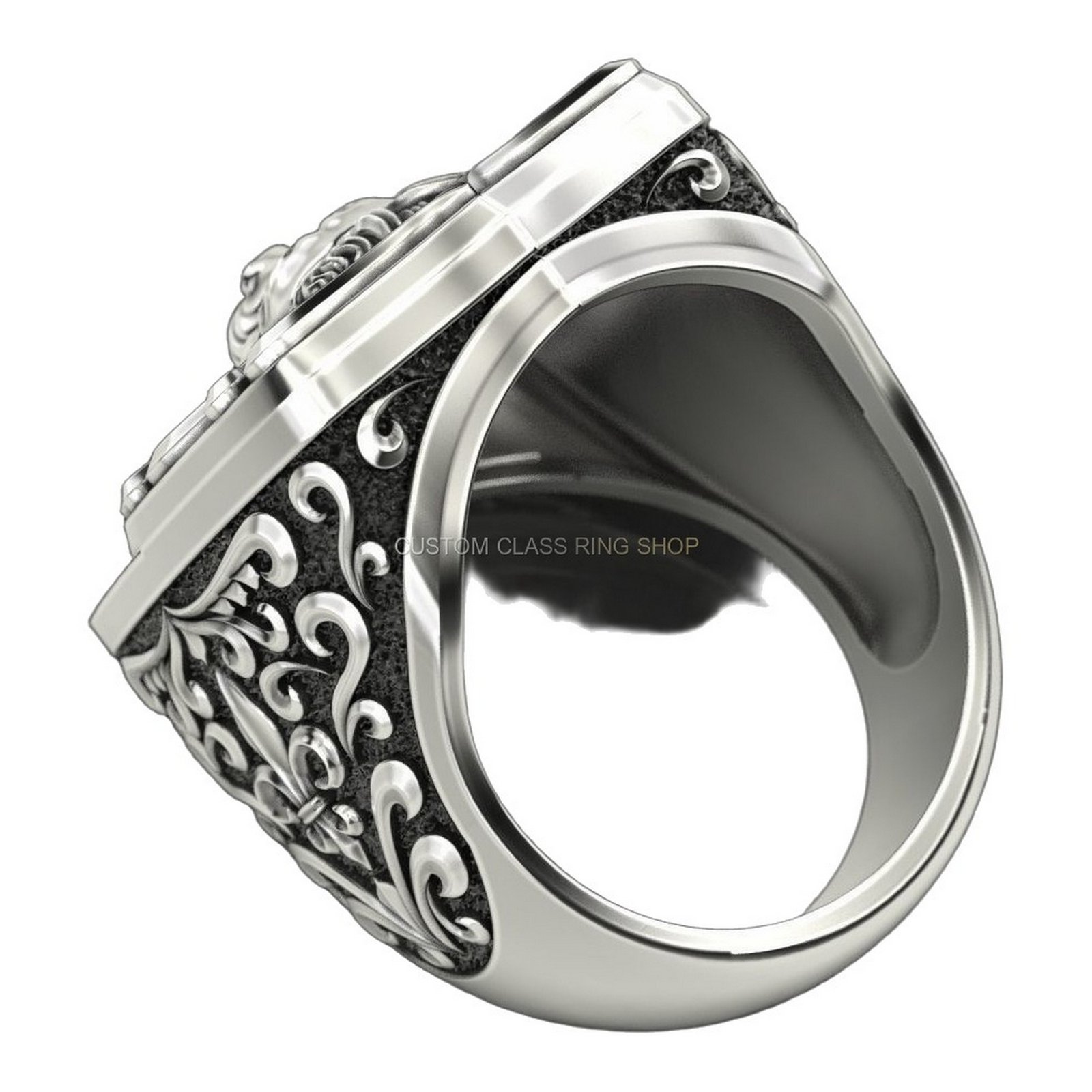 Mens sterling silver lion head signet ring, side profile with band detail