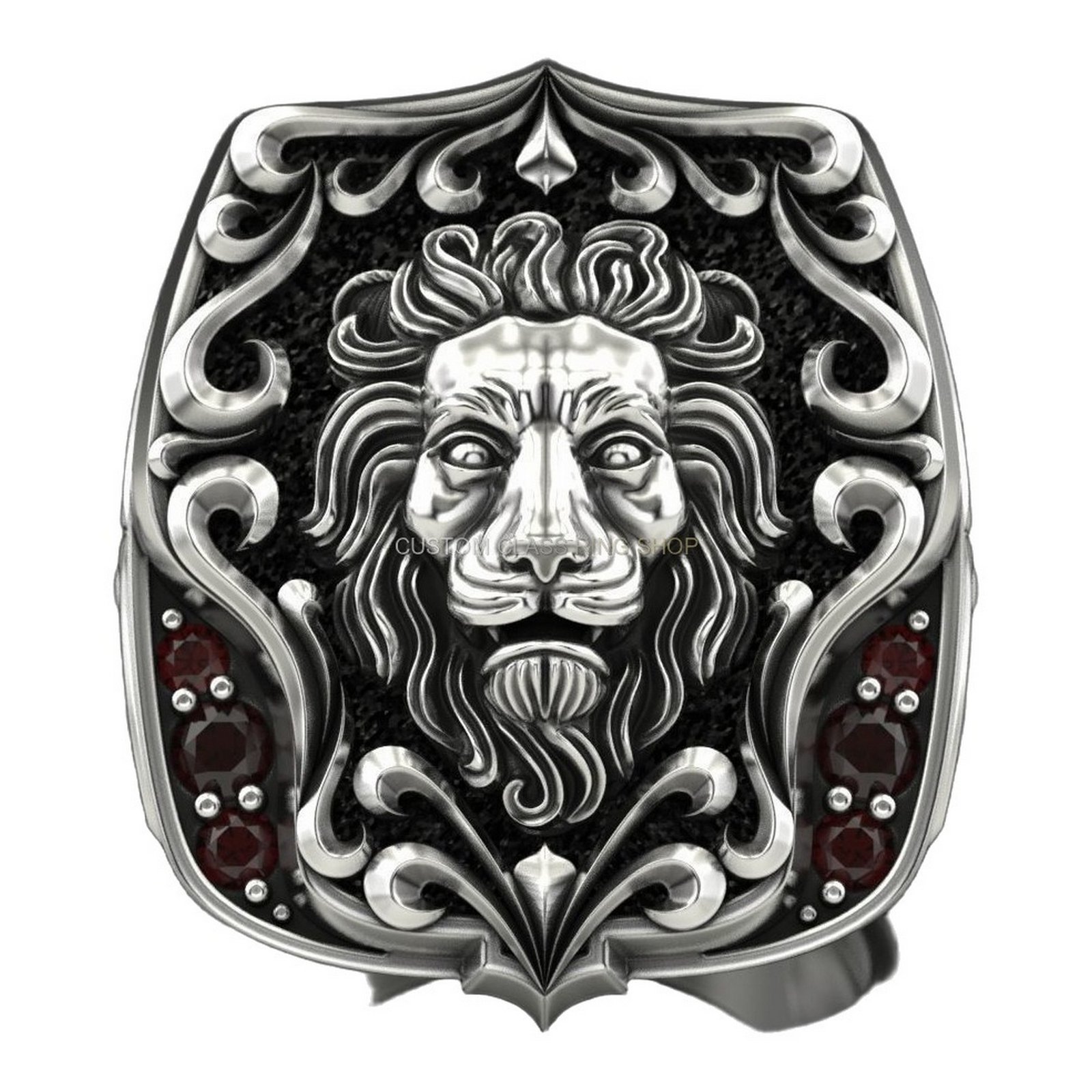 Mens sterling silver lion head signet ring, top-down view showing lion and border