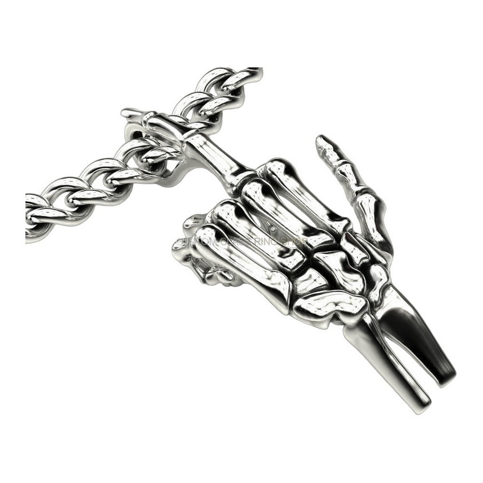 Sterling silver human hand bones pendant, frontal close-up hand bones anatomy