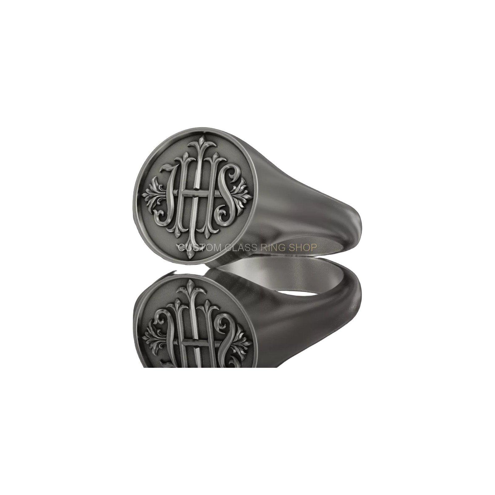 IHS Christogram monogram sterling silver signet ring, angled three-quarter view pair