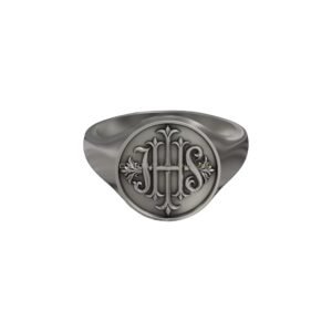 IHS Christogram monogram sterling silver signet ring, oxidized finish with ornamental flourishes