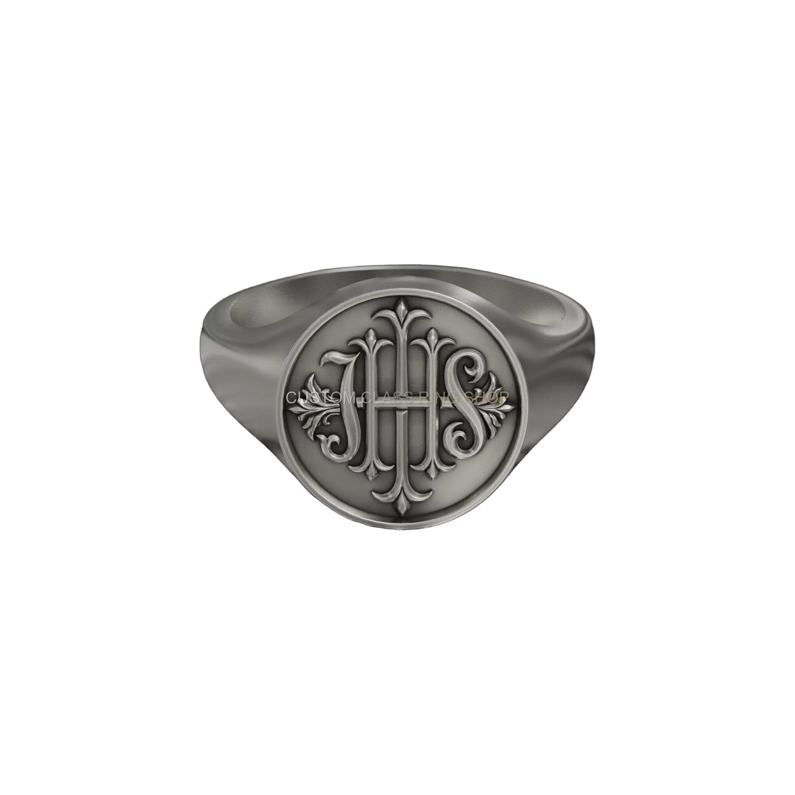 IHS Christogram monogram sterling silver signet ring, oxidized finish with ornamental flourishes