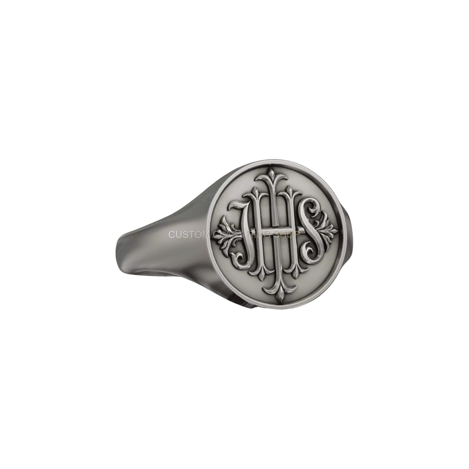 IHS Christogram monogram sterling silver signet ring, technical side profile finish