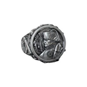 Sterling silver napoleon portrait signet ring with oval frame and floral shoulders