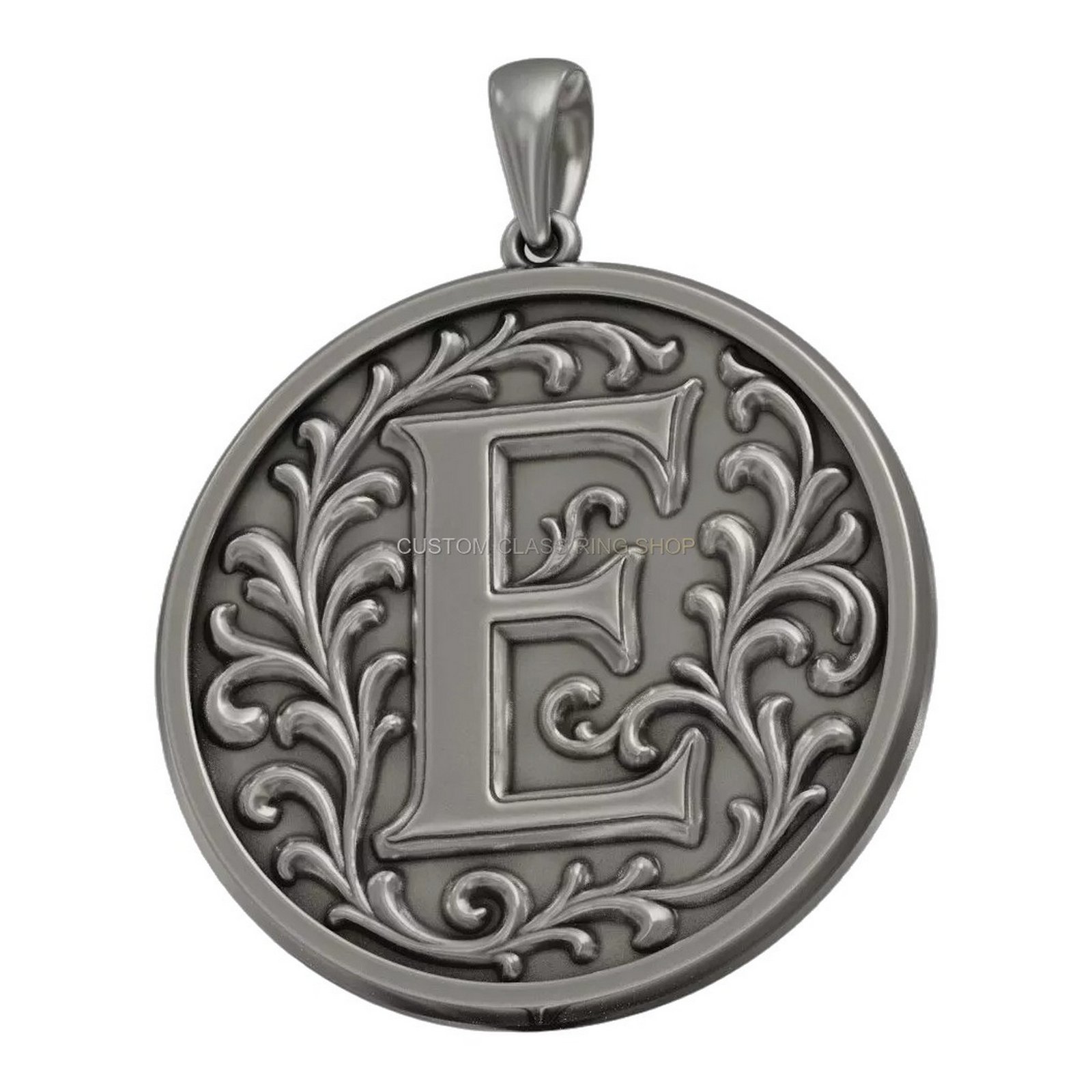 Sterling silver initial letter floral pendant, three-quarter angled view of pendant design