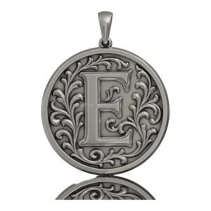Sterling silver initial letter floral pendant with ornate acanthus leaves scrollwork, oxidized antiq