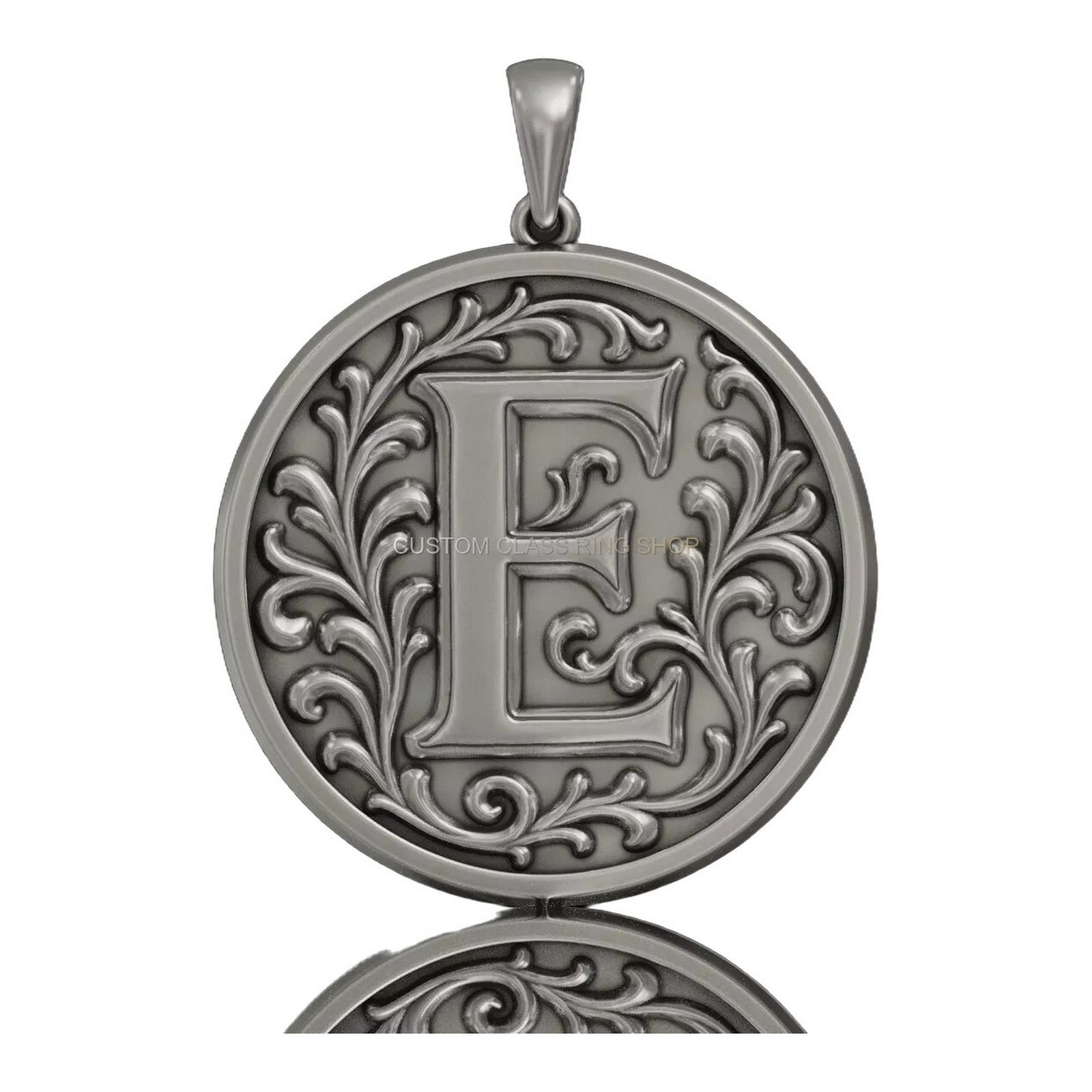 Sterling silver initial letter floral pendant with ornate acanthus leaves scrollwork, oxidized antiq