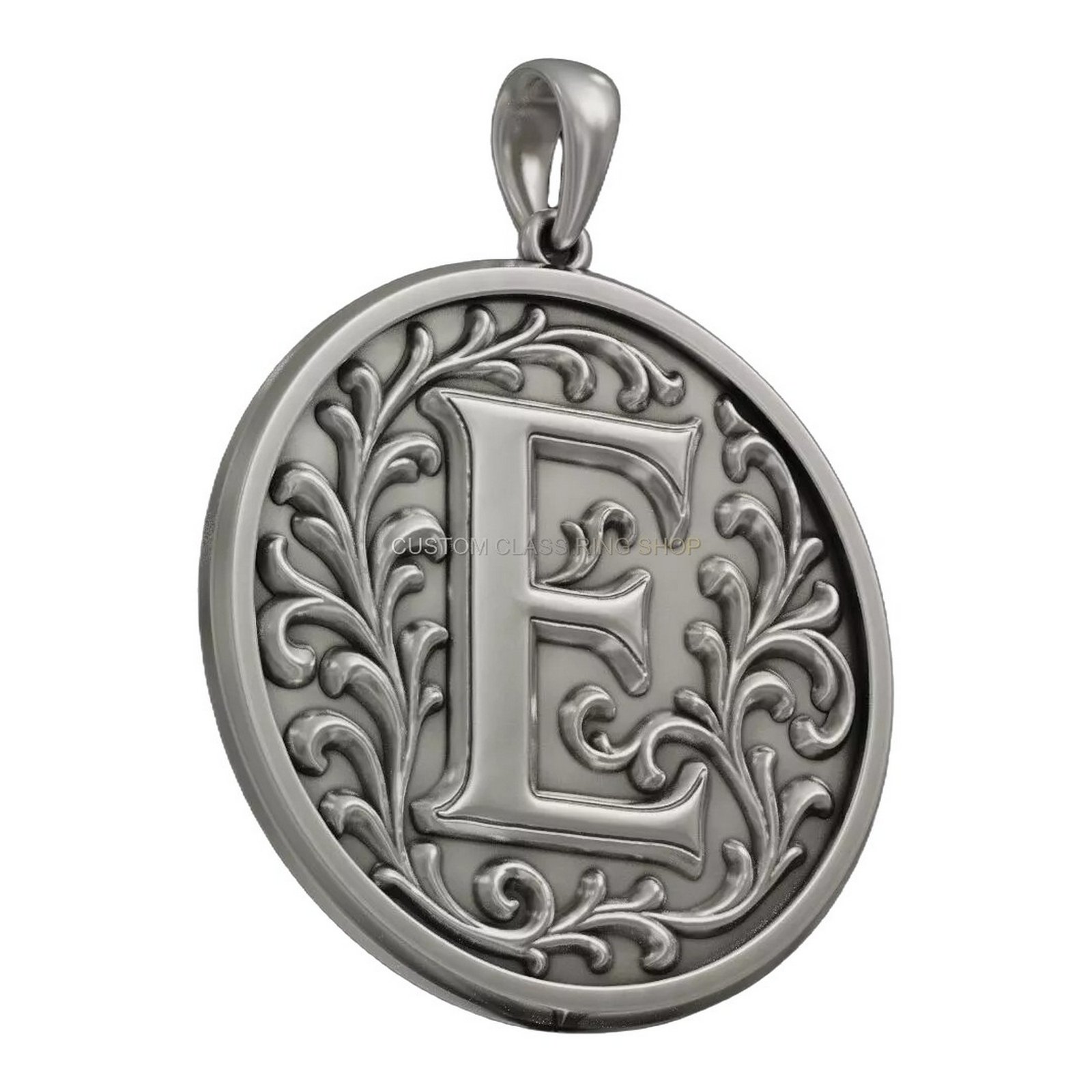 Sterling silver initial letter floral pendant, dimensional front view with full relief detail