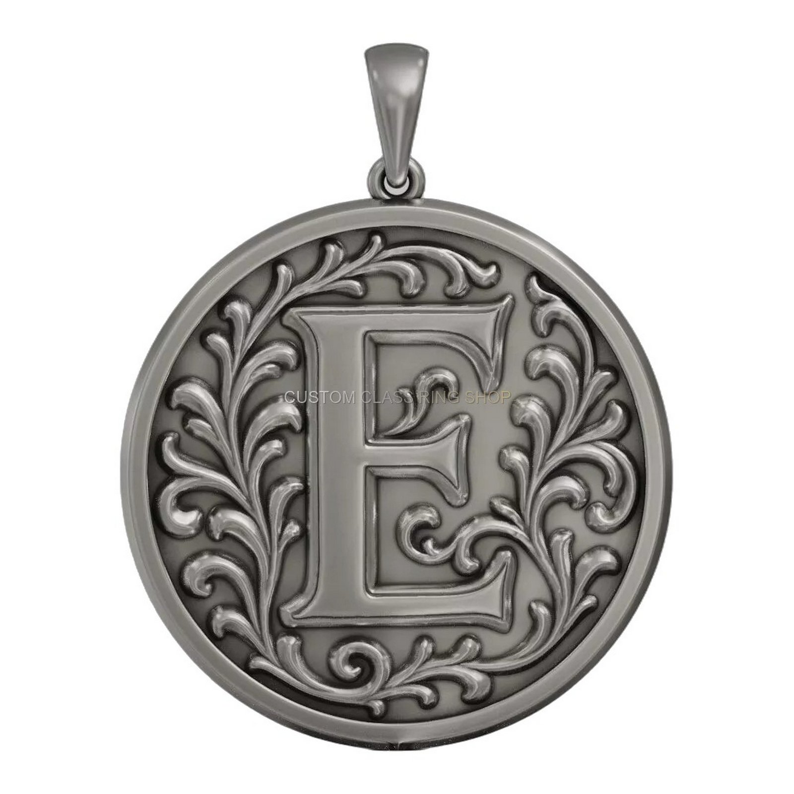 Sterling silver initial letter floral pendant with ornate acanthus leaves scrollwork, oxidized antiq