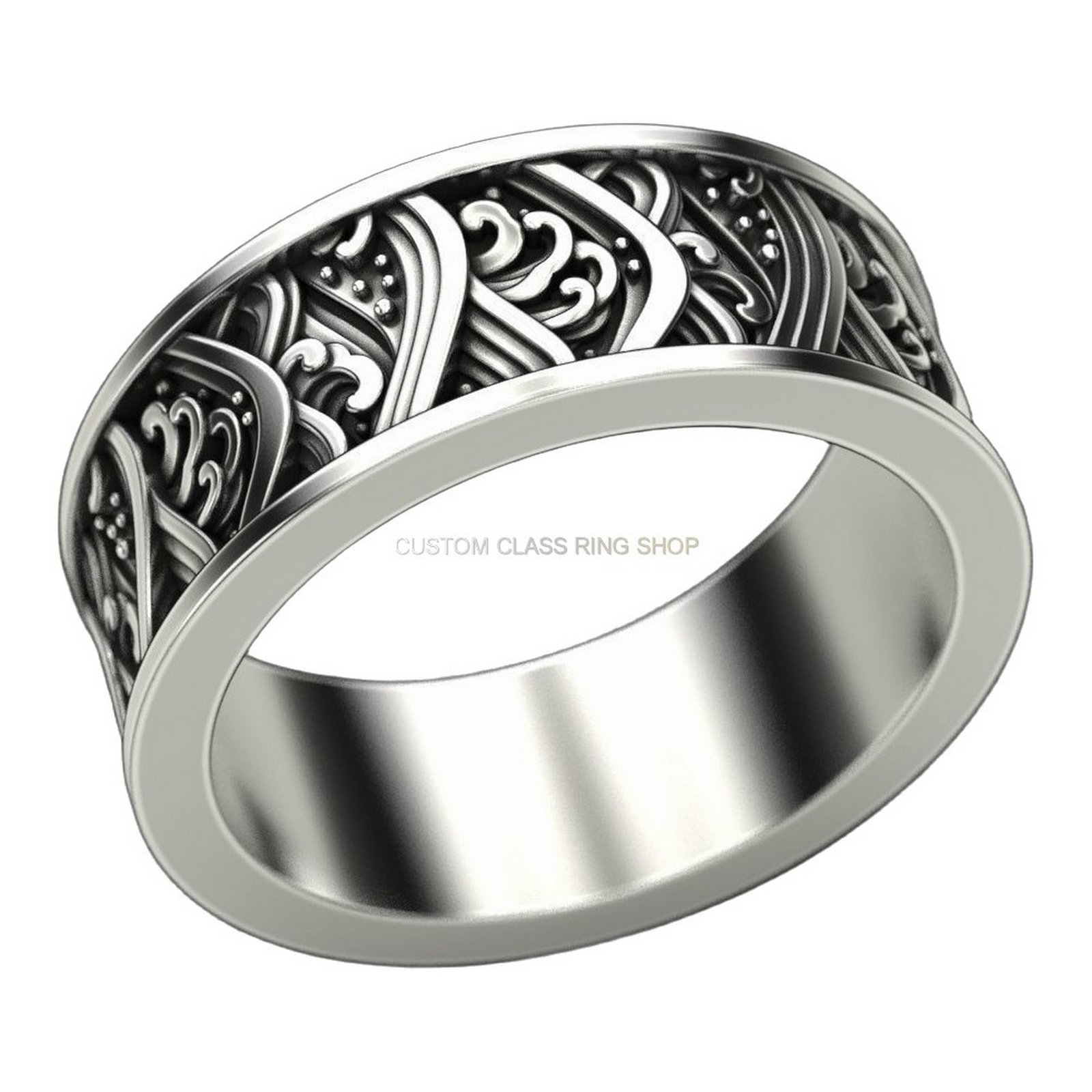 Unisex sterling silver filigree statement ring, three-quarter angled view showing scrollwork detail