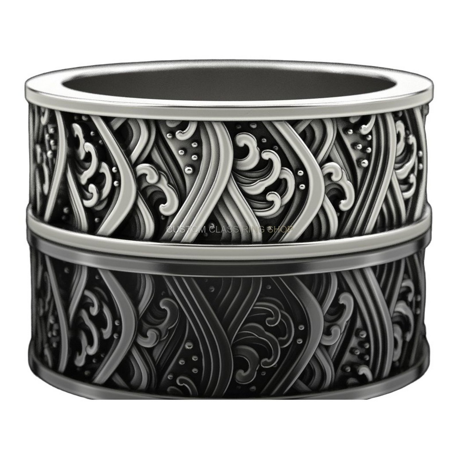 Unisex sterling silver filigree statement ring, top-down view of full band circumference