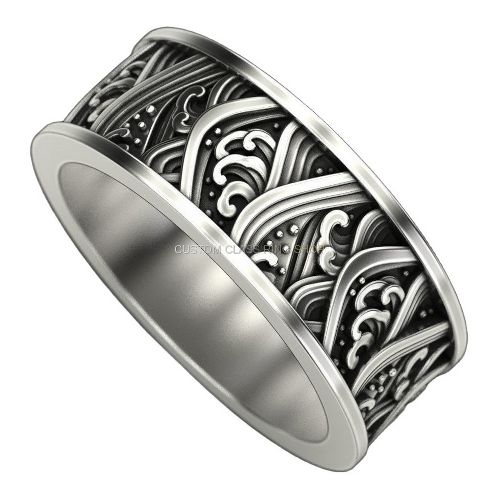 Unisex sterling silver filigree statement ring, side profile showing band shoulders and depth