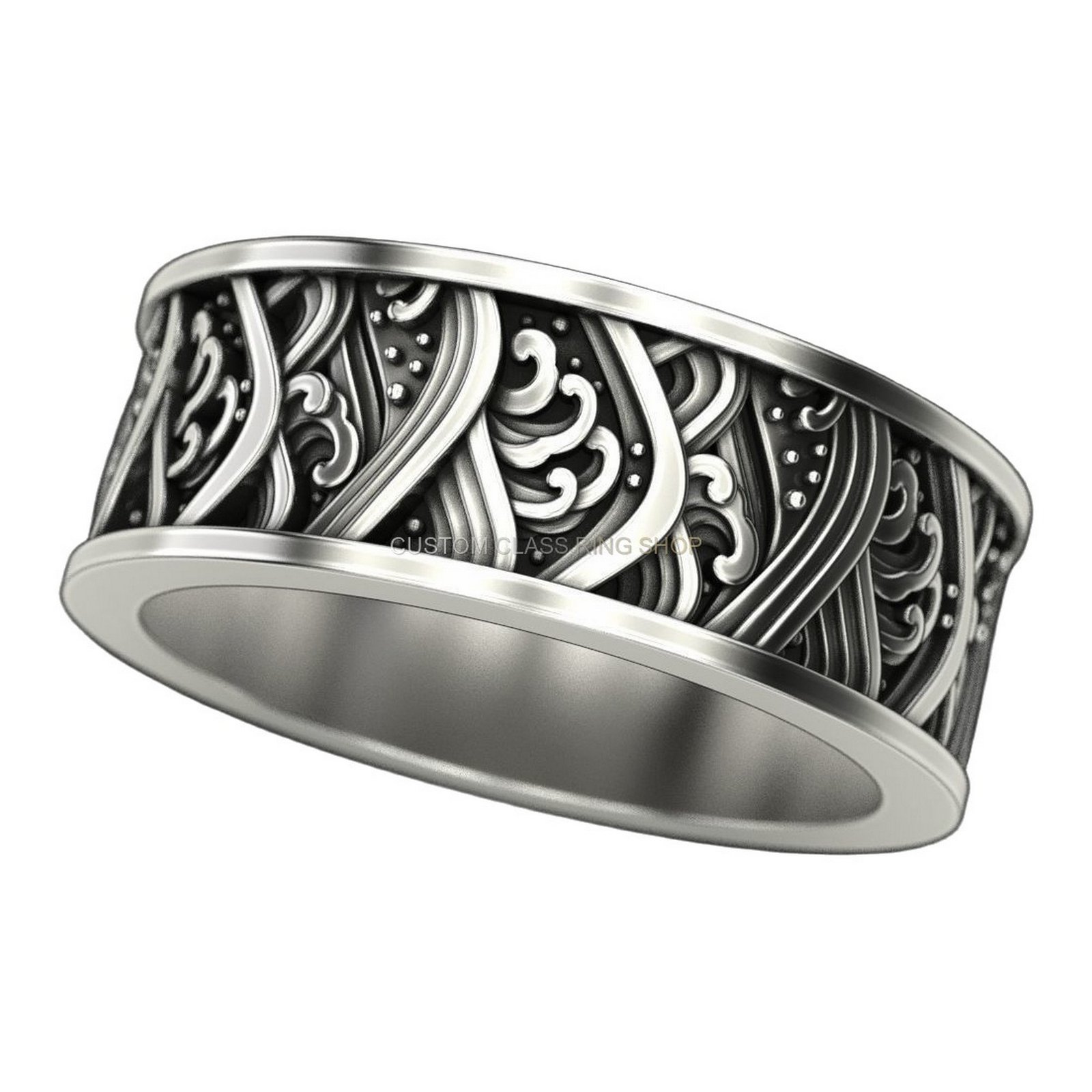 Unisex sterling silver filigree statement ring, left-side angled perspective of ornamental face