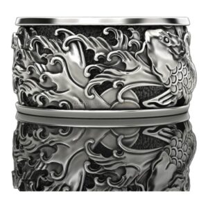 Mens 925 silver dragon ring with oxidized baroque detailing and wave scrollwork
