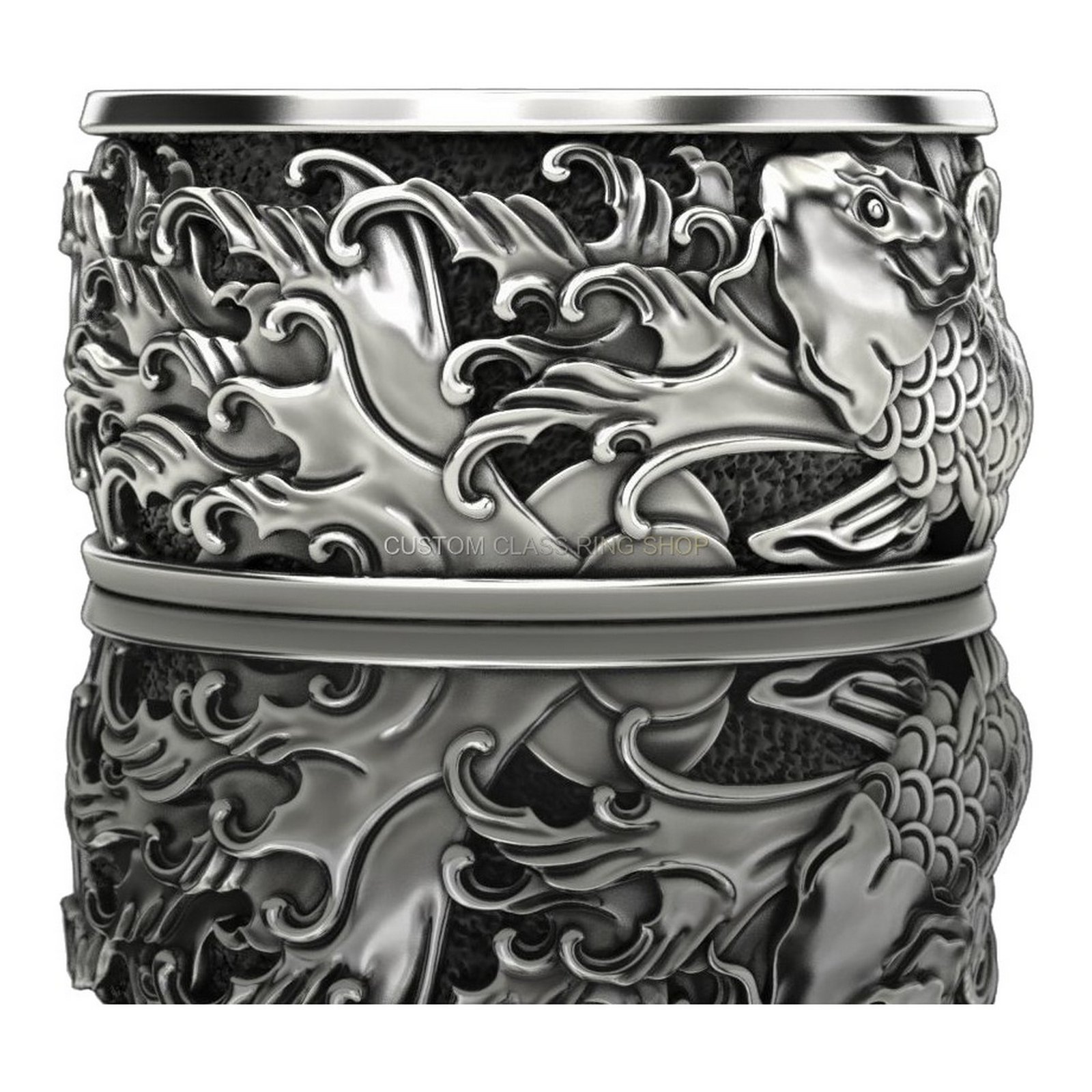 Mens 925 silver dragon ring with oxidized baroque detailing and wave scrollwork