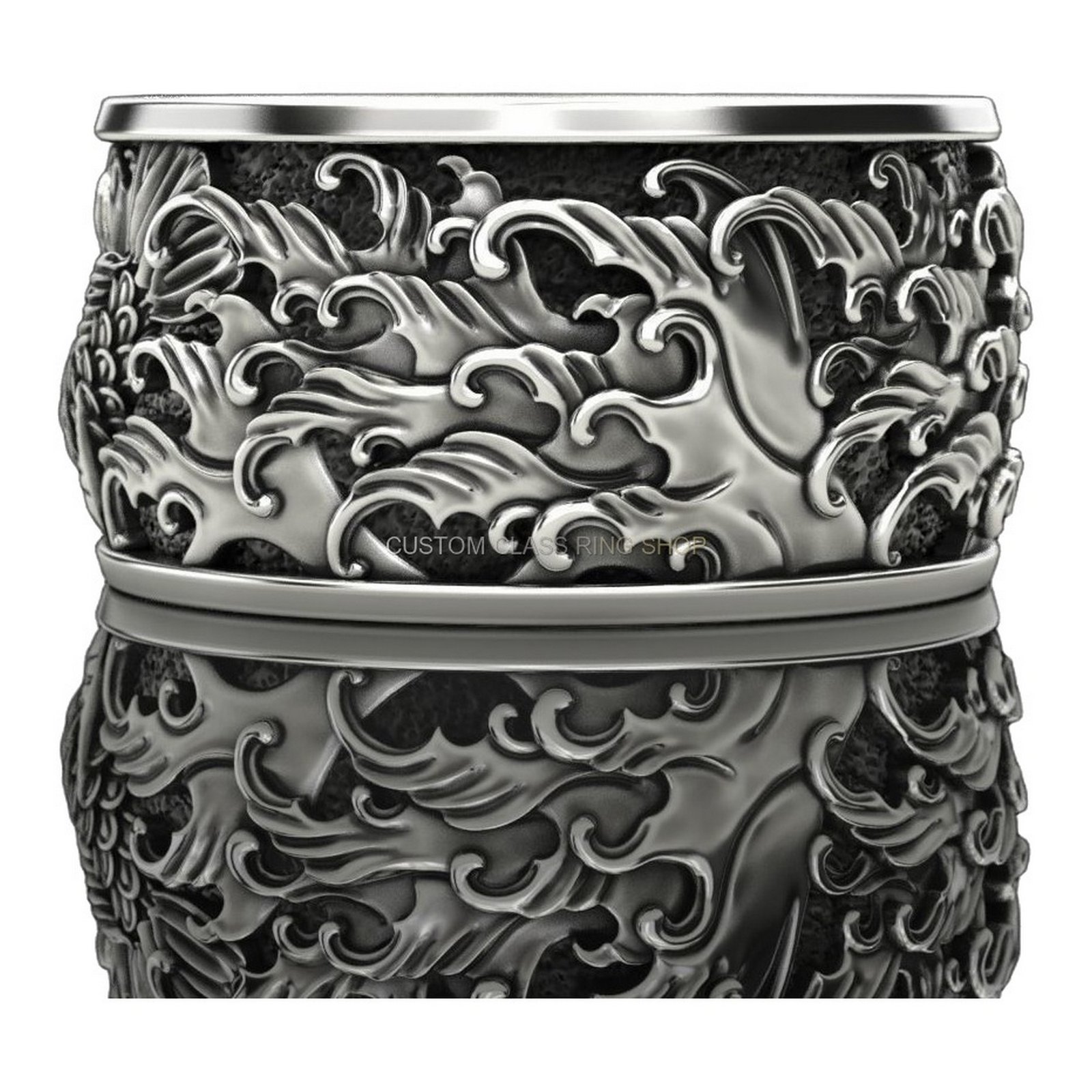 Mens 925 silver dragon ring with oxidized baroque detailing and wave scrollwork