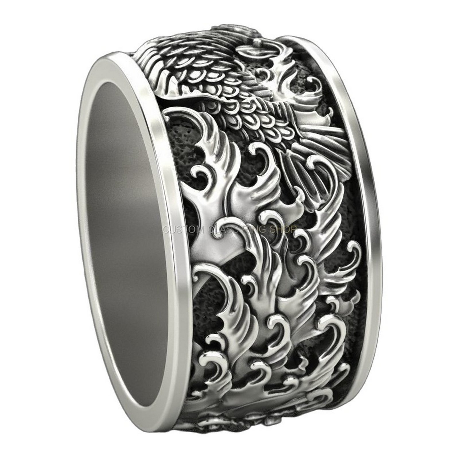 Mens 925 silver dragon ring with oxidized baroque detailing and wave scrollwork