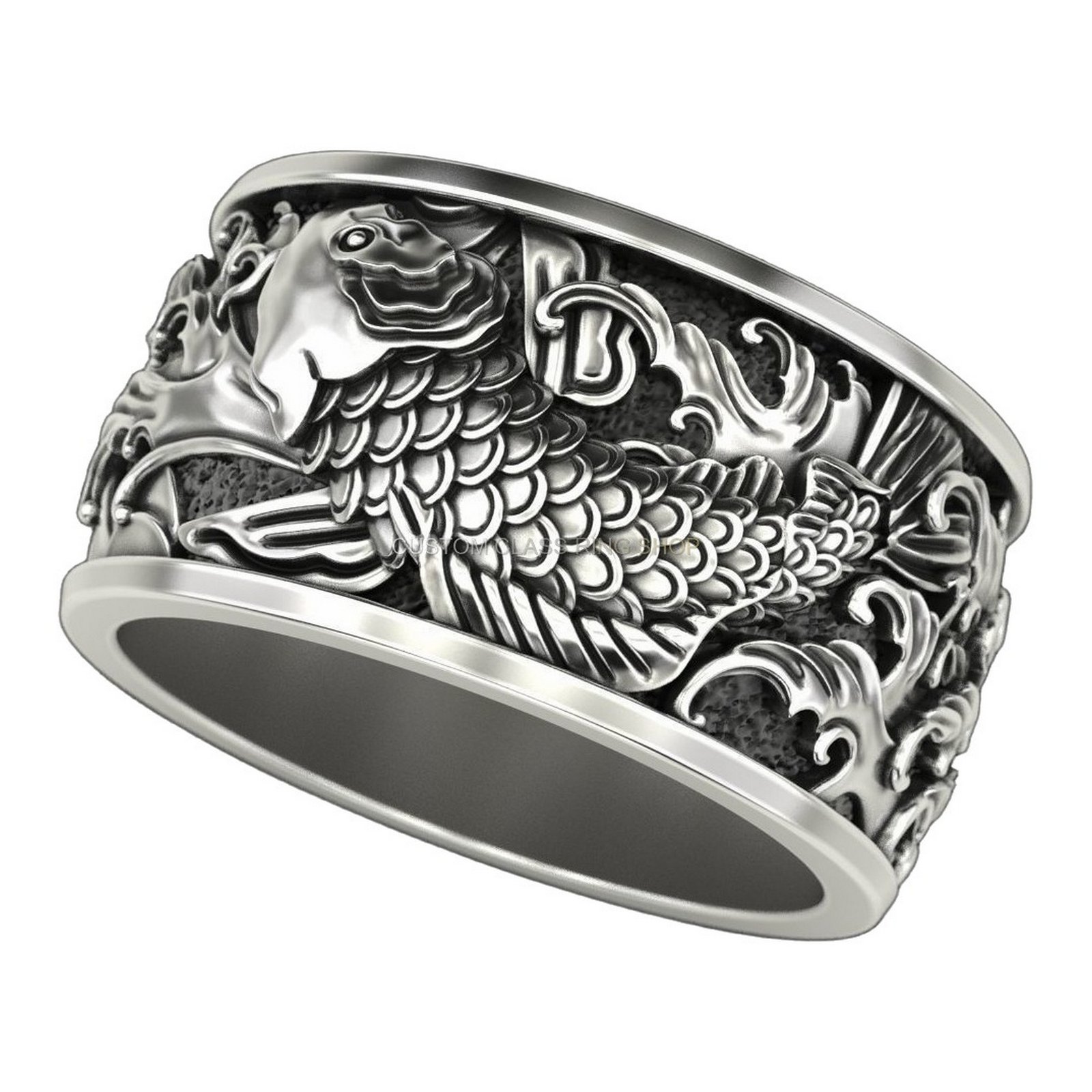 Mens 925 silver dragon ring with oxidized baroque detailing and wave scrollwork