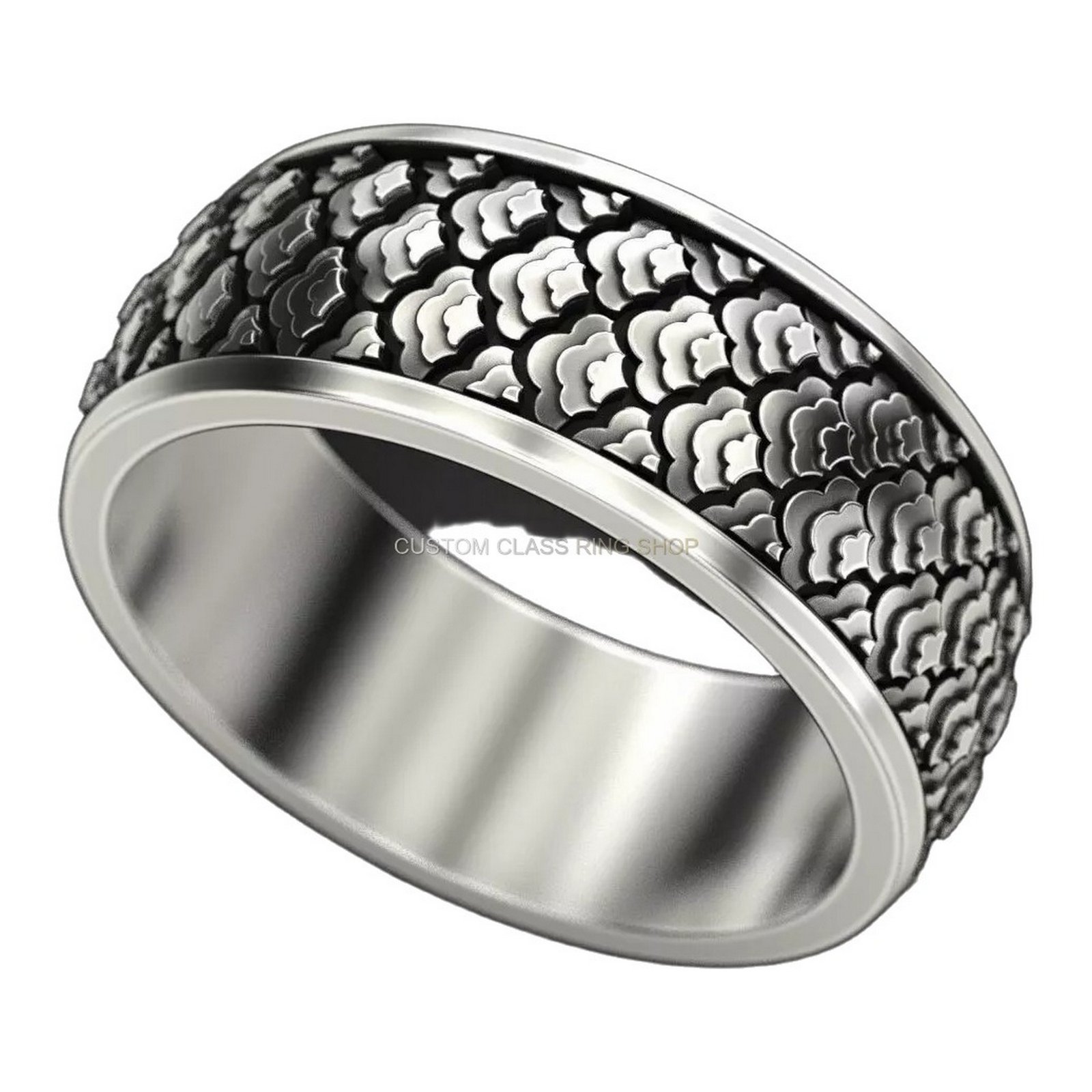 Mens sterling silver scallop shell ring, side profile detail of band