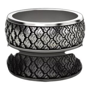 Mens sterling silver scallop shell ring with oxidized patina and polished rim