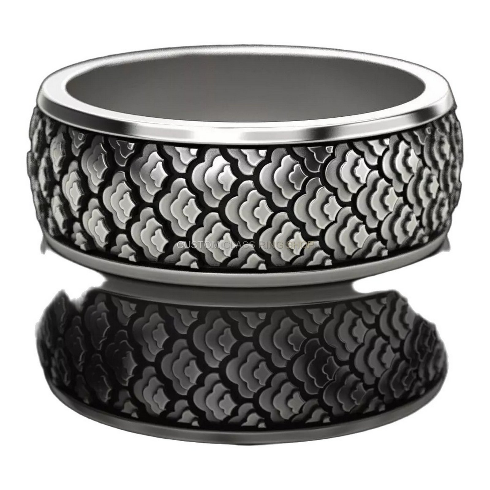 Mens sterling silver scallop shell ring with oxidized patina and polished rim