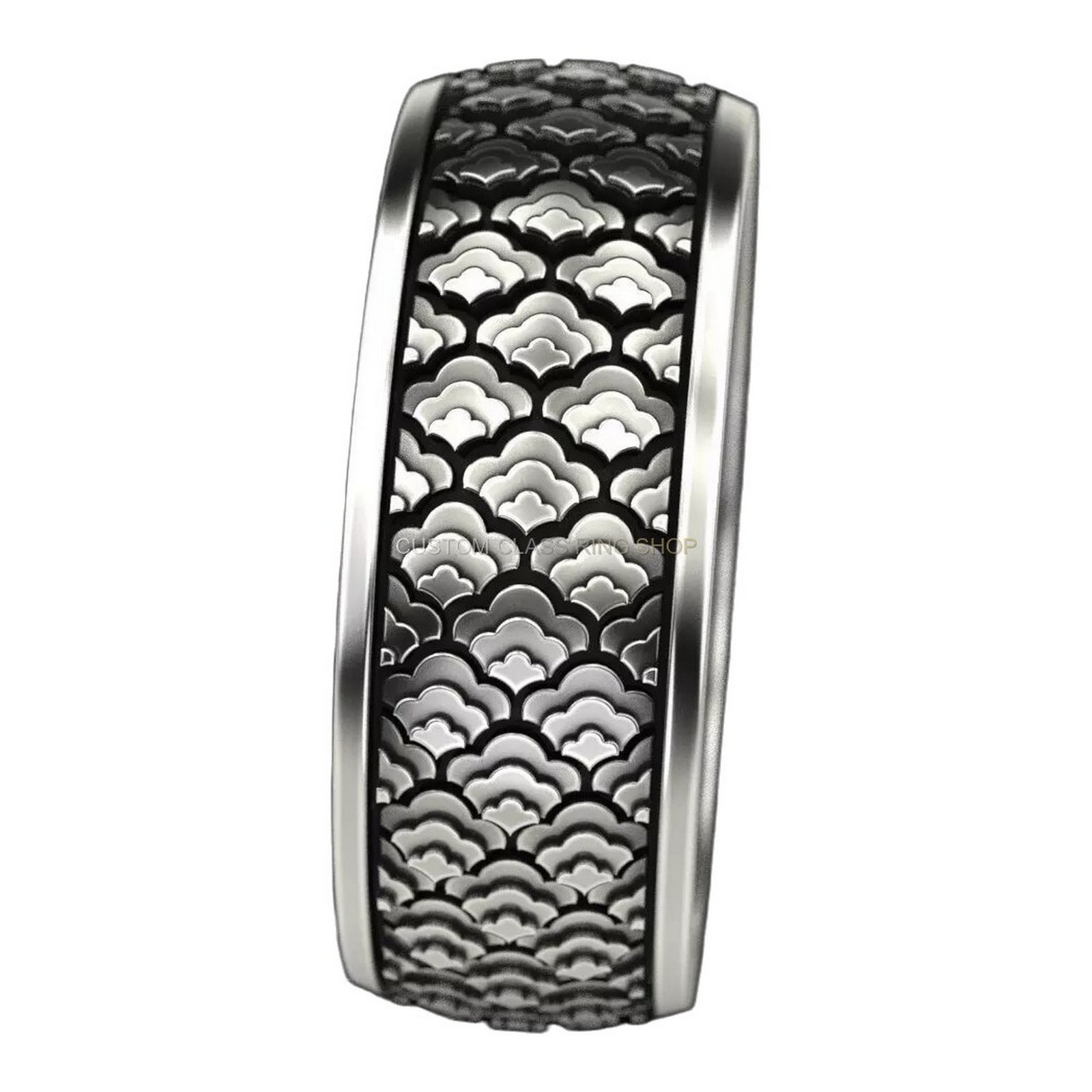 Mens sterling silver scallop shell ring, vertical side view of full ring