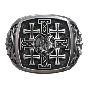 Jerusalem cross crusader knight sterling silver signet ring, oxidized antique finish with carved lio