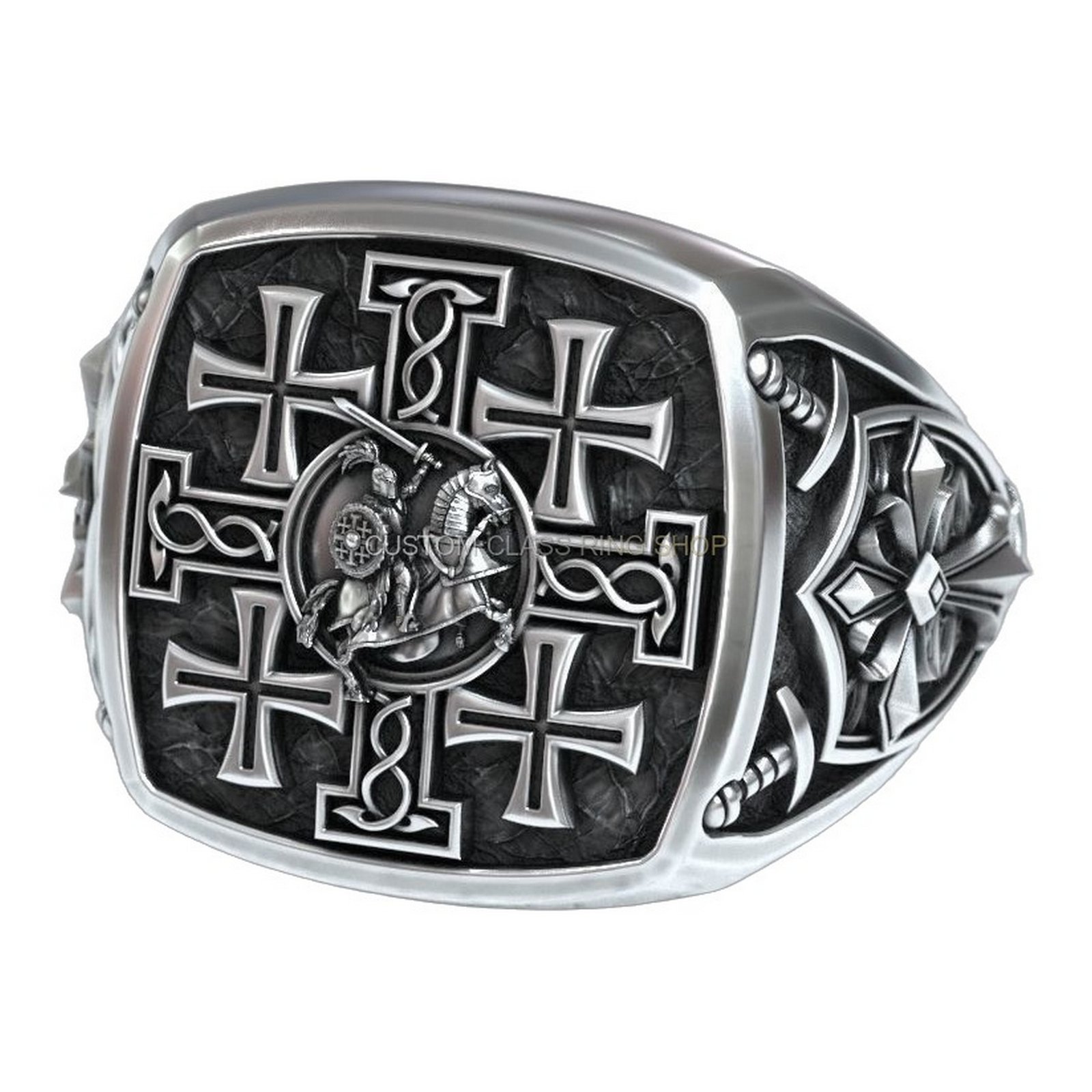 Jerusalem cross crusader knight sterling silver signet ring, left side profile opposite lion shoulder