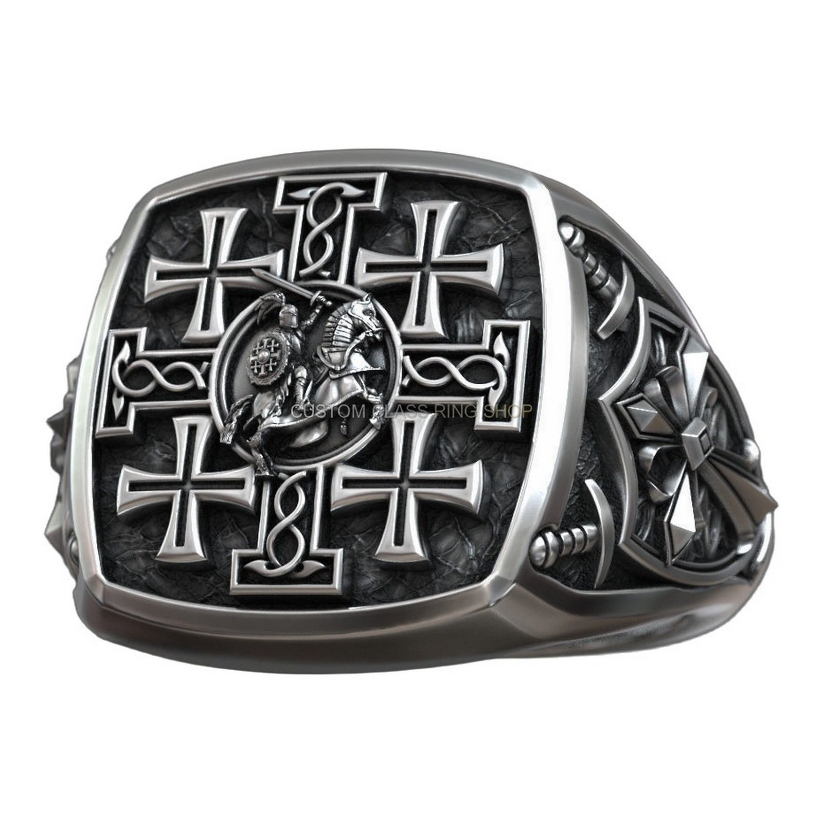 Jerusalem cross crusader knight sterling silver signet ring, angled front view band and shoulders