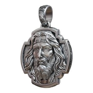 Sterling silver jesus christ cross pendant with ornate shield frame
