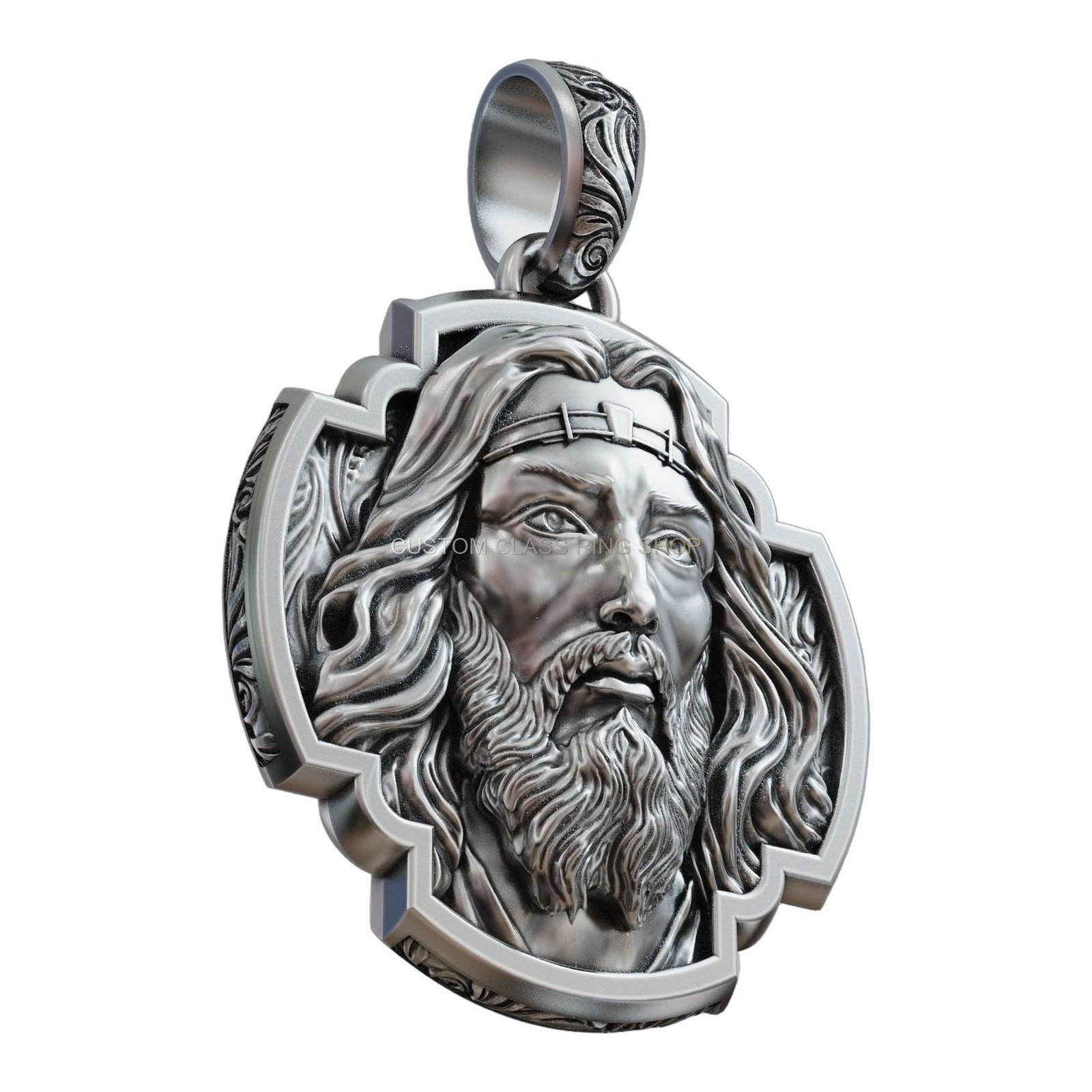 Sterling silver jesus christ cross pendant, angled three-quarter view