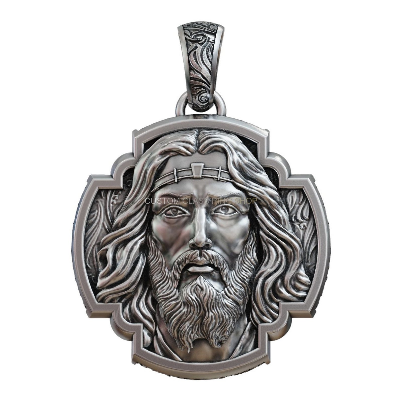 Sterling silver jesus christ cross pendant, straight front portrait view