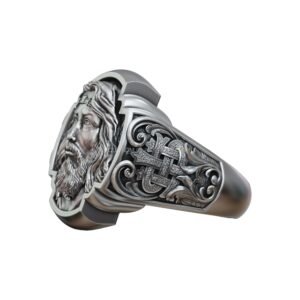 Sterling silver jesus christ signet ring with IHS monogram & ornate floral scrolls