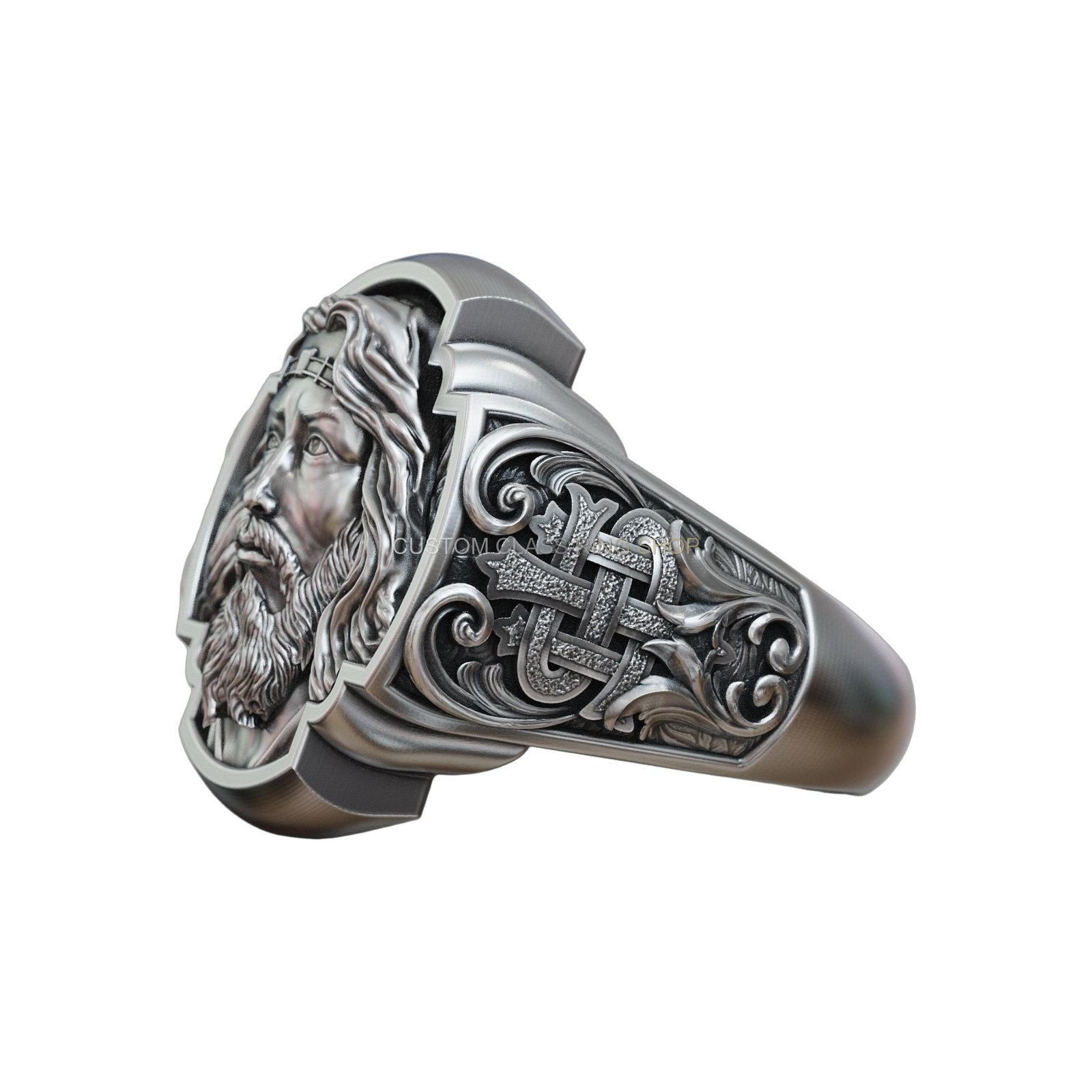 Sterling silver jesus christ signet ring with IHS monogram & ornate floral scrolls