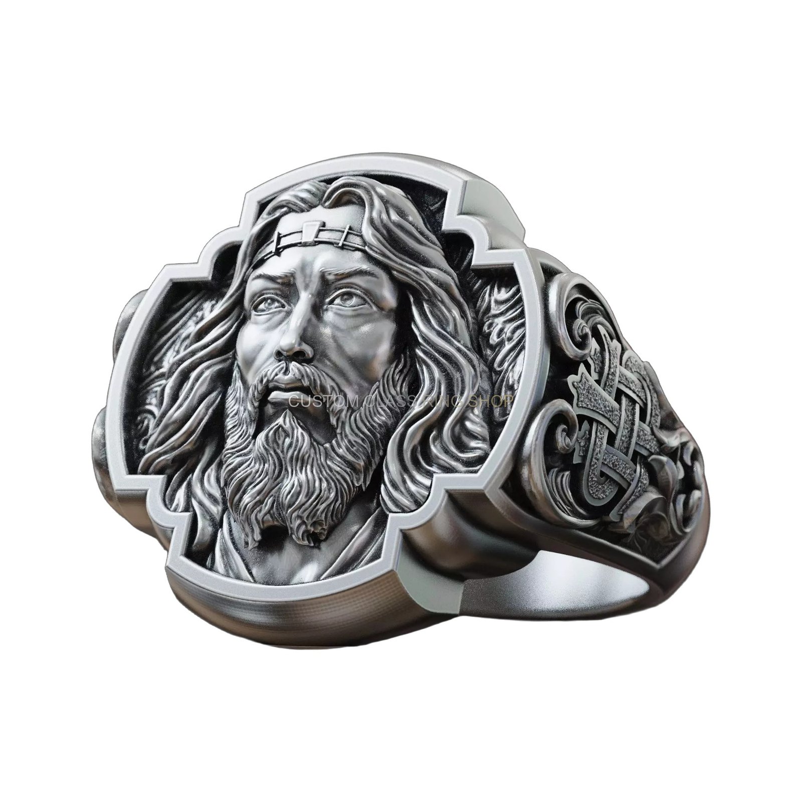 Sterling silver jesus christ signet ring, back and side profile showing scrollwork