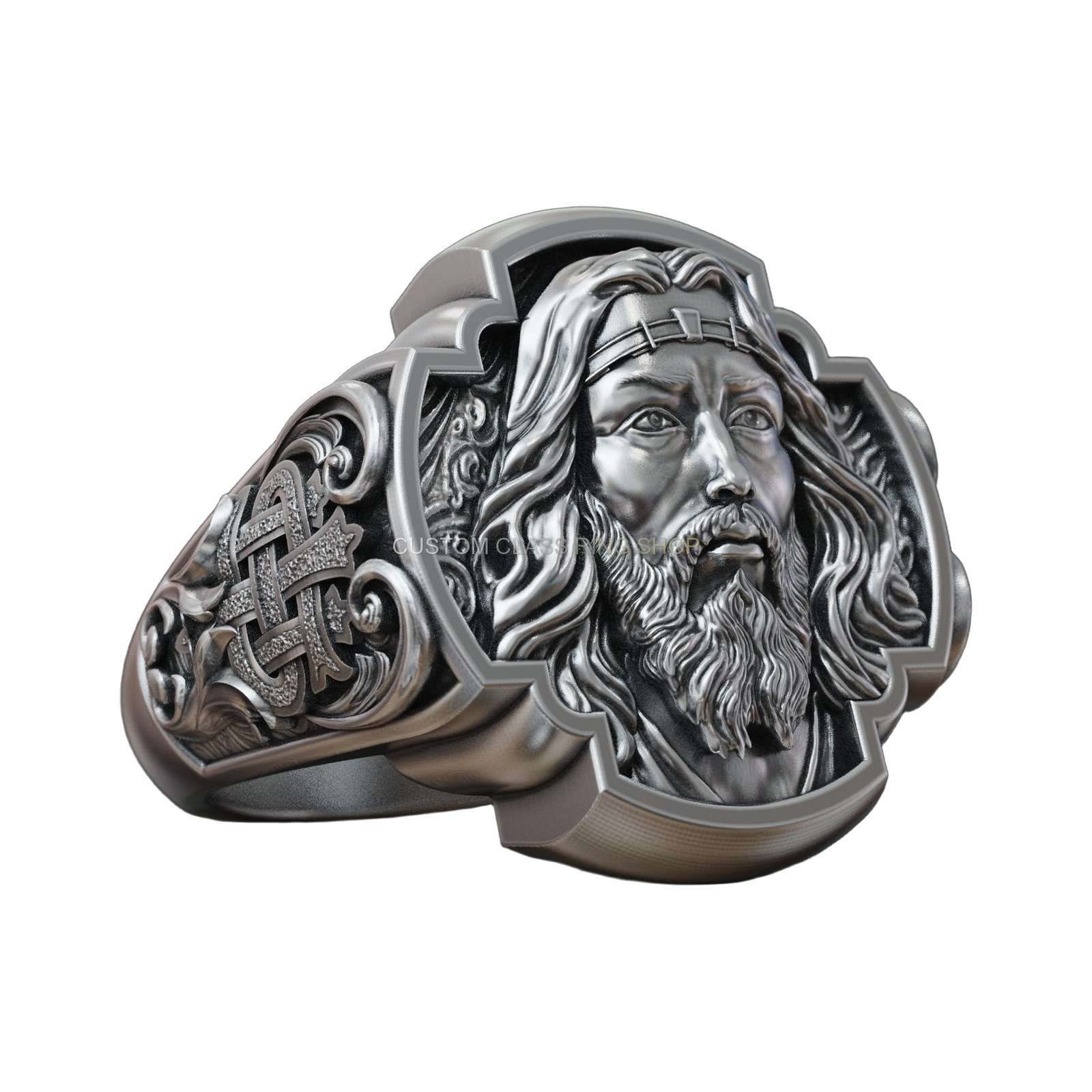 Sterling silver jesus christ signet ring, angled view highlighting band detail