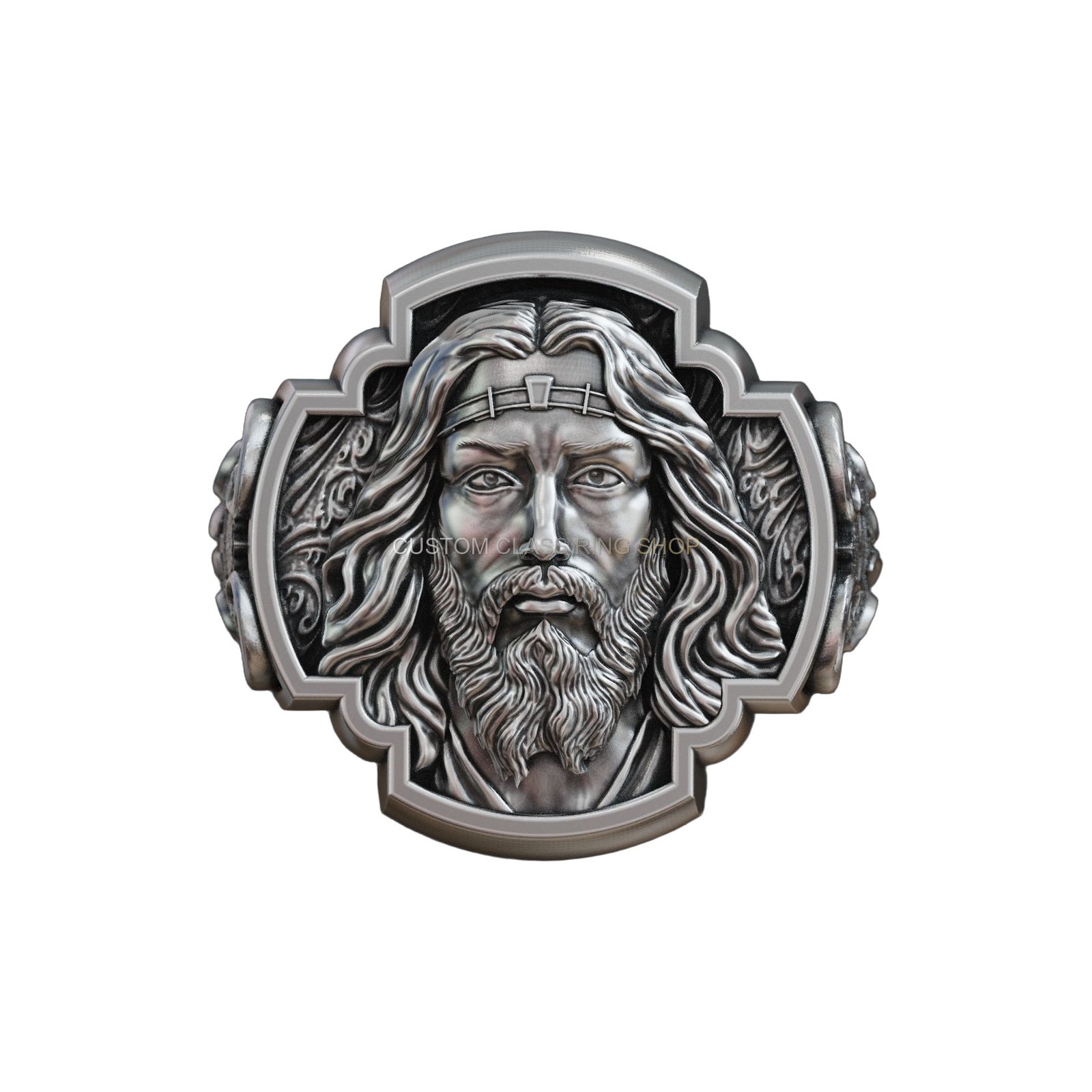 Sterling silver jesus christ signet ring with IHS monogram & ornate floral scrolls
