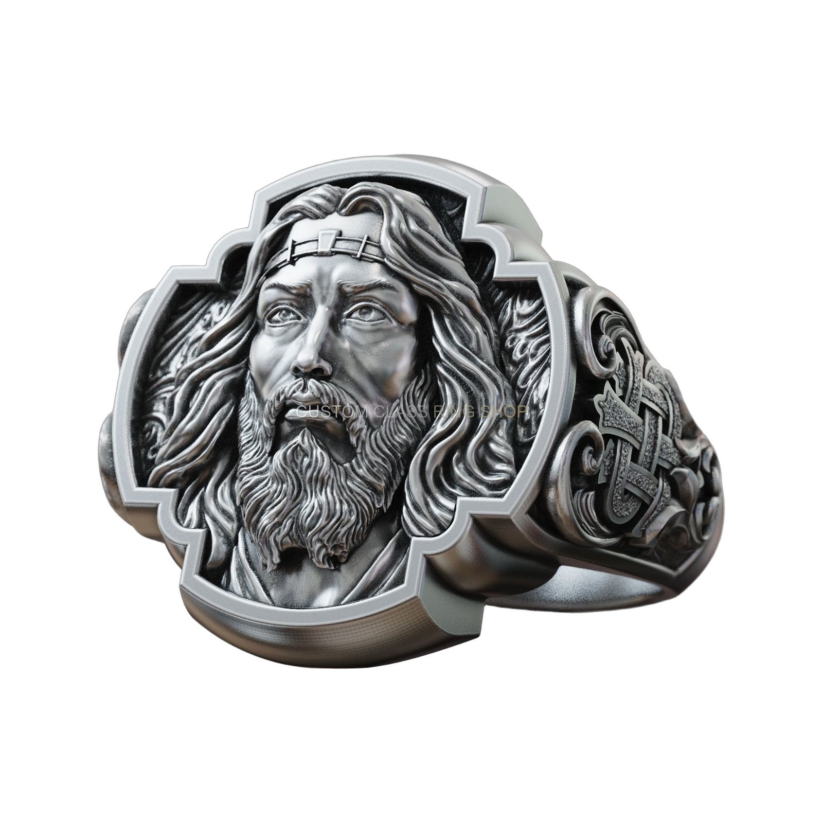 Sterling silver jesus christ signet ring with IHS monogram & ornate floral scrolls