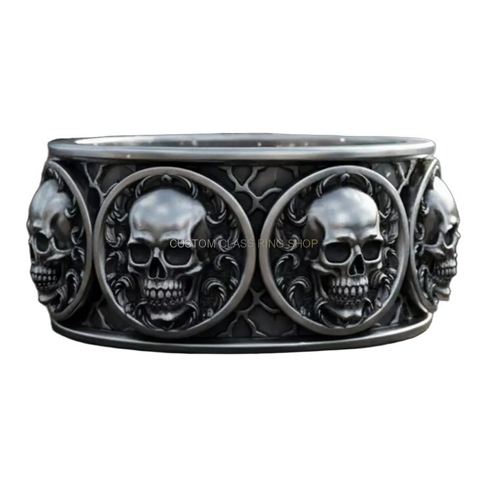 Sterling silver gothic skull statement ring, band front skull and medallion detail