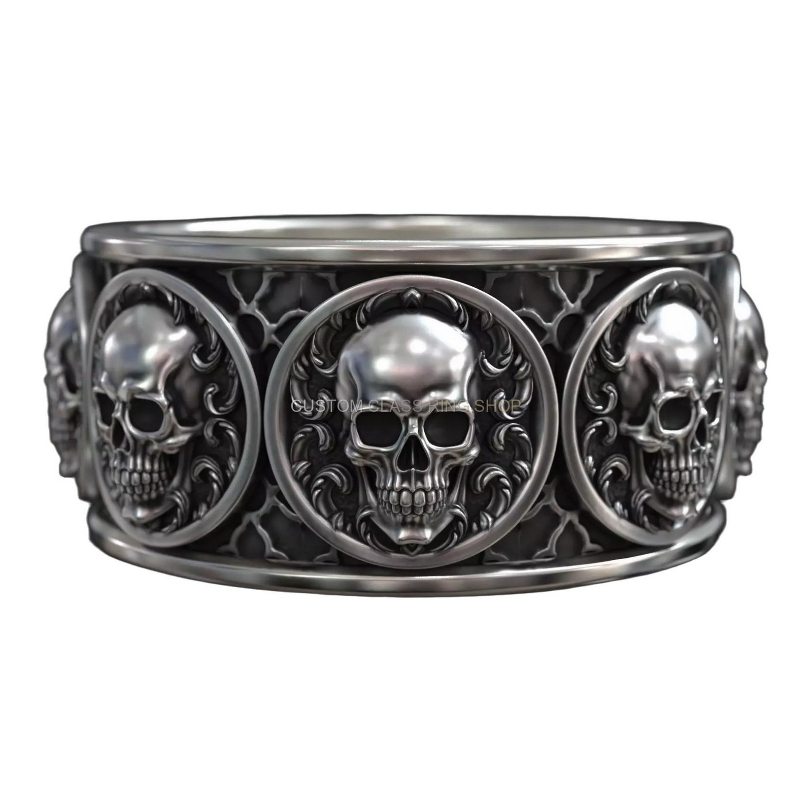 Sterling silver gothic skull statement ring, band middle three-skull arrangement