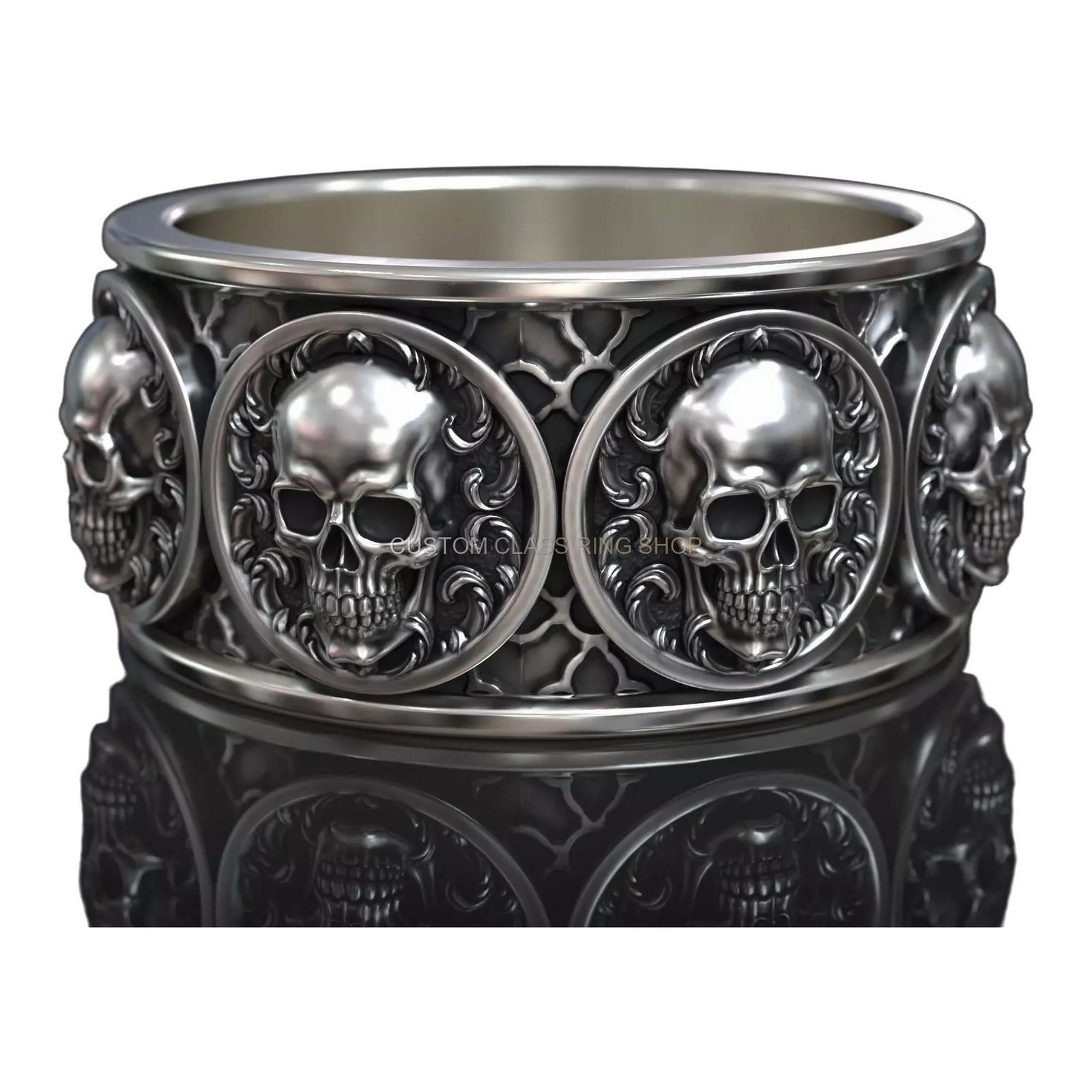 Sterling silver gothic skull statement ring, front face-on skull detail