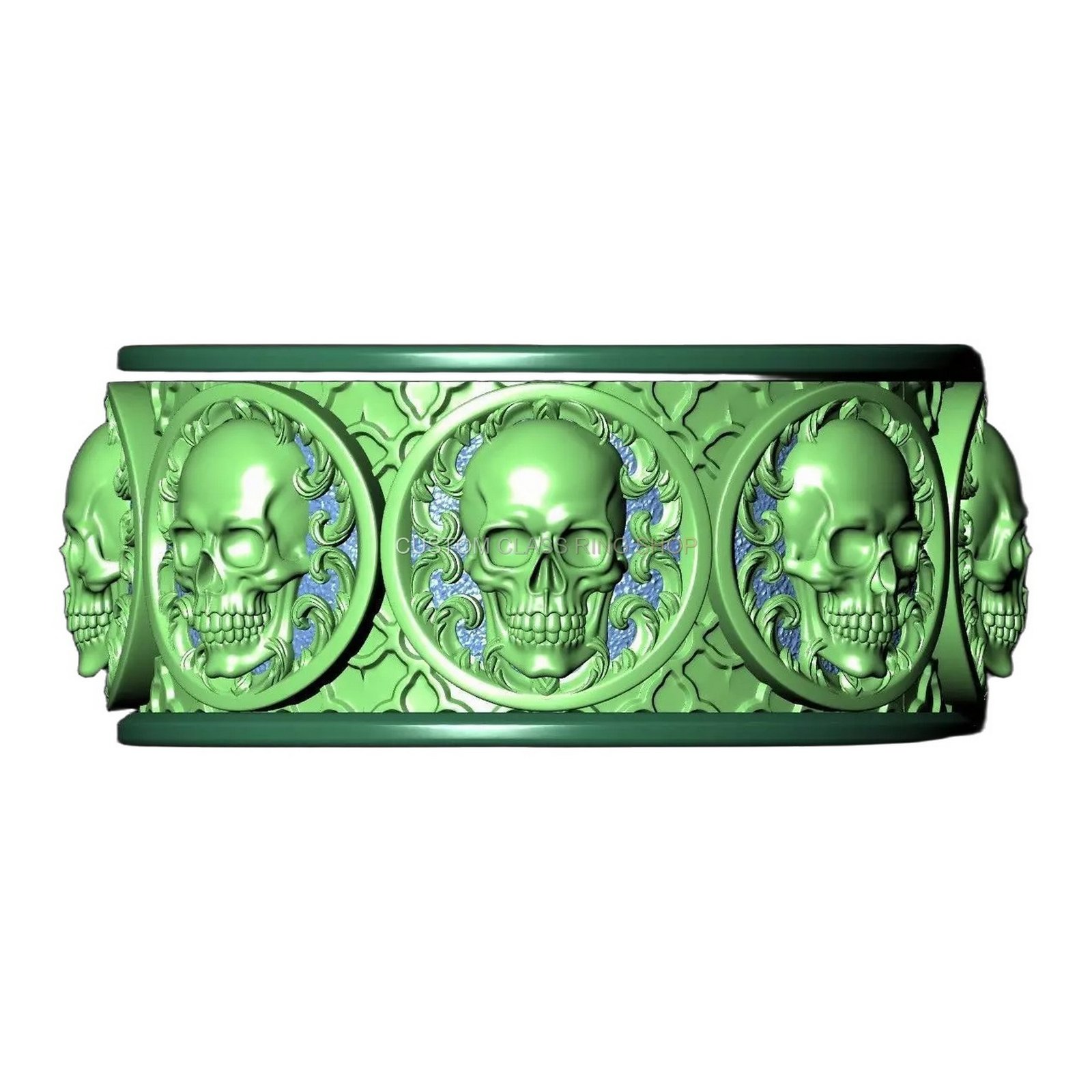 Sterling silver gothic skull statement ring, full band with side skulls