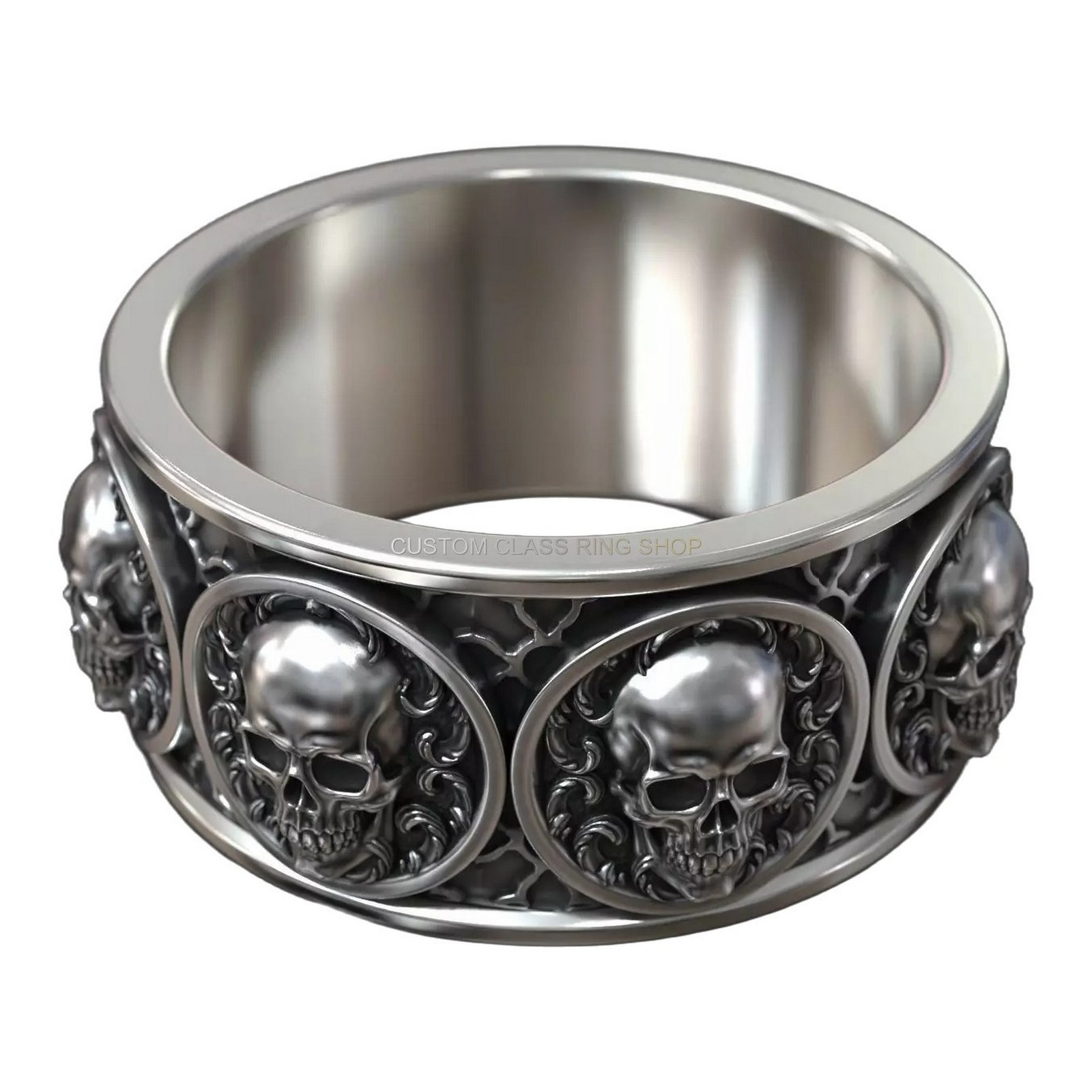 Sterling silver gothic skull statement ring with ornate baroque detail