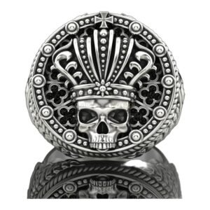 Mens sterling silver crowned skull ring with ornate beaded border