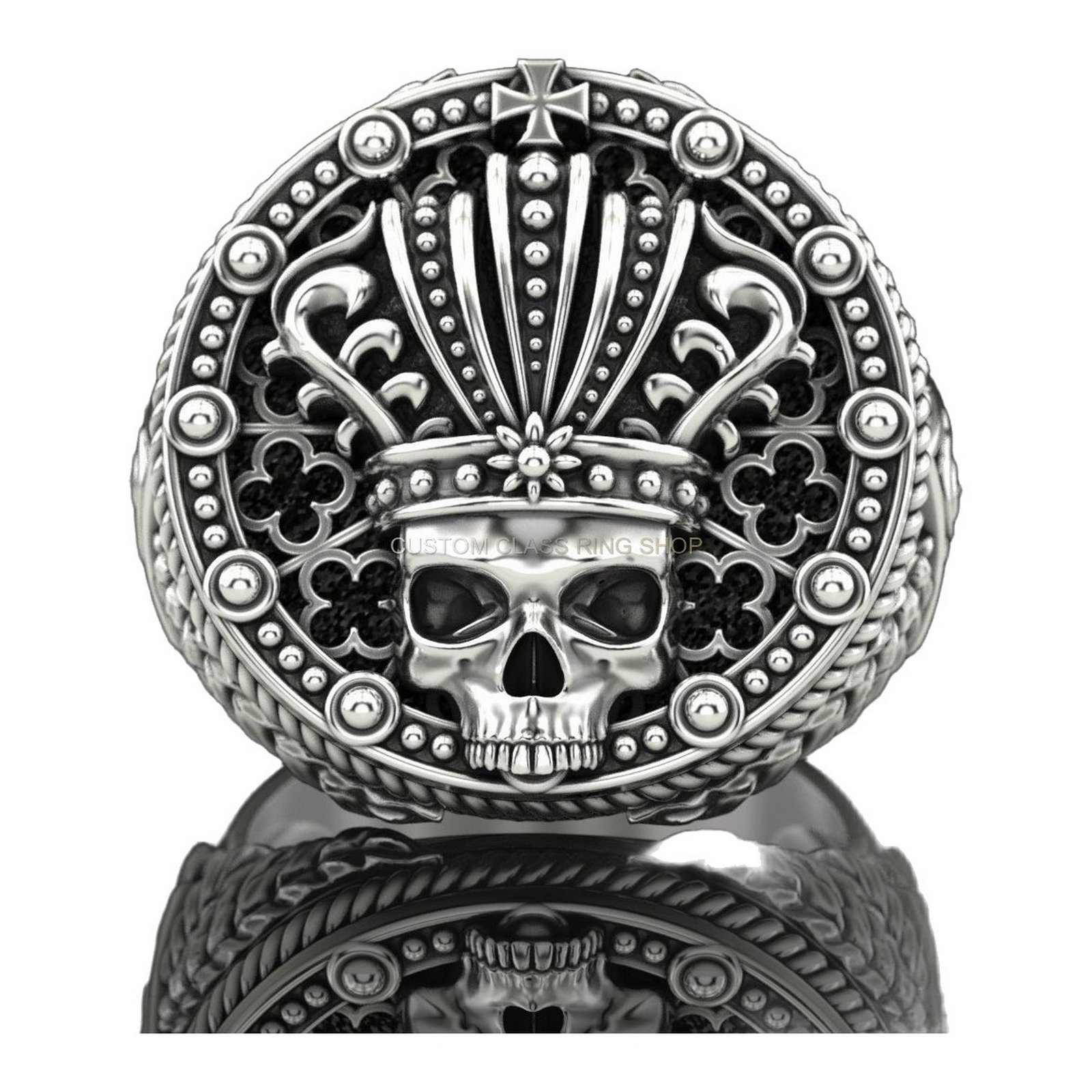 Mens sterling silver crowned skull ring with ornate beaded border