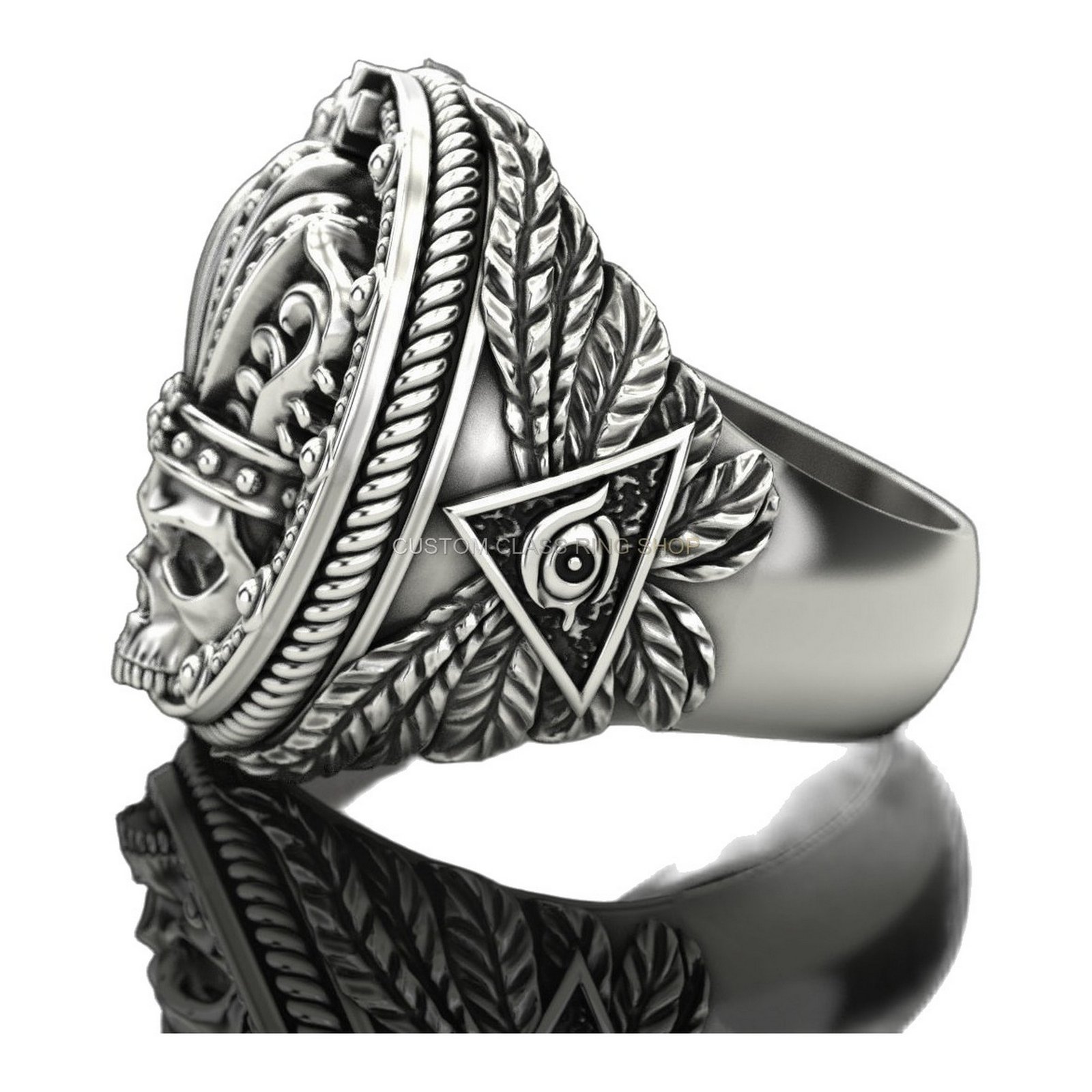 Mens sterling silver crowned skull ring, left side angled profile with detail